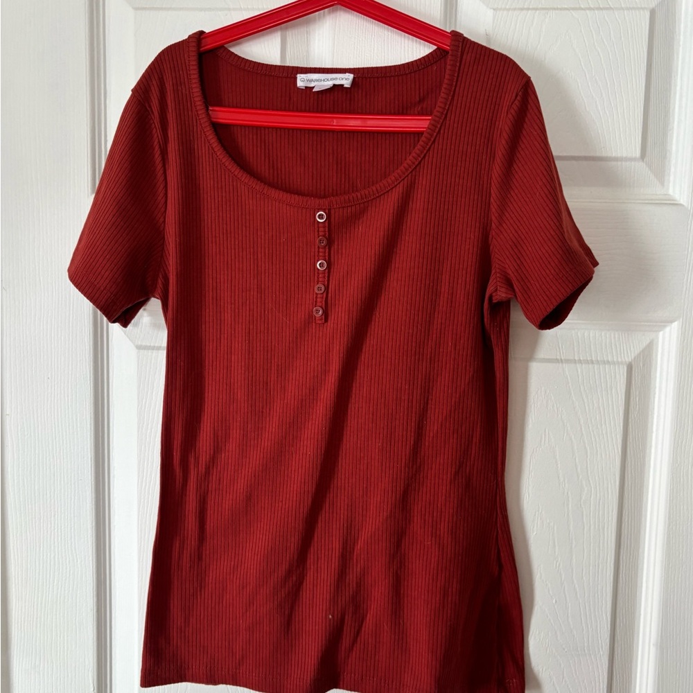 Warehouse Red Buttoned Ribbed Tee - Picture 2 of 3
